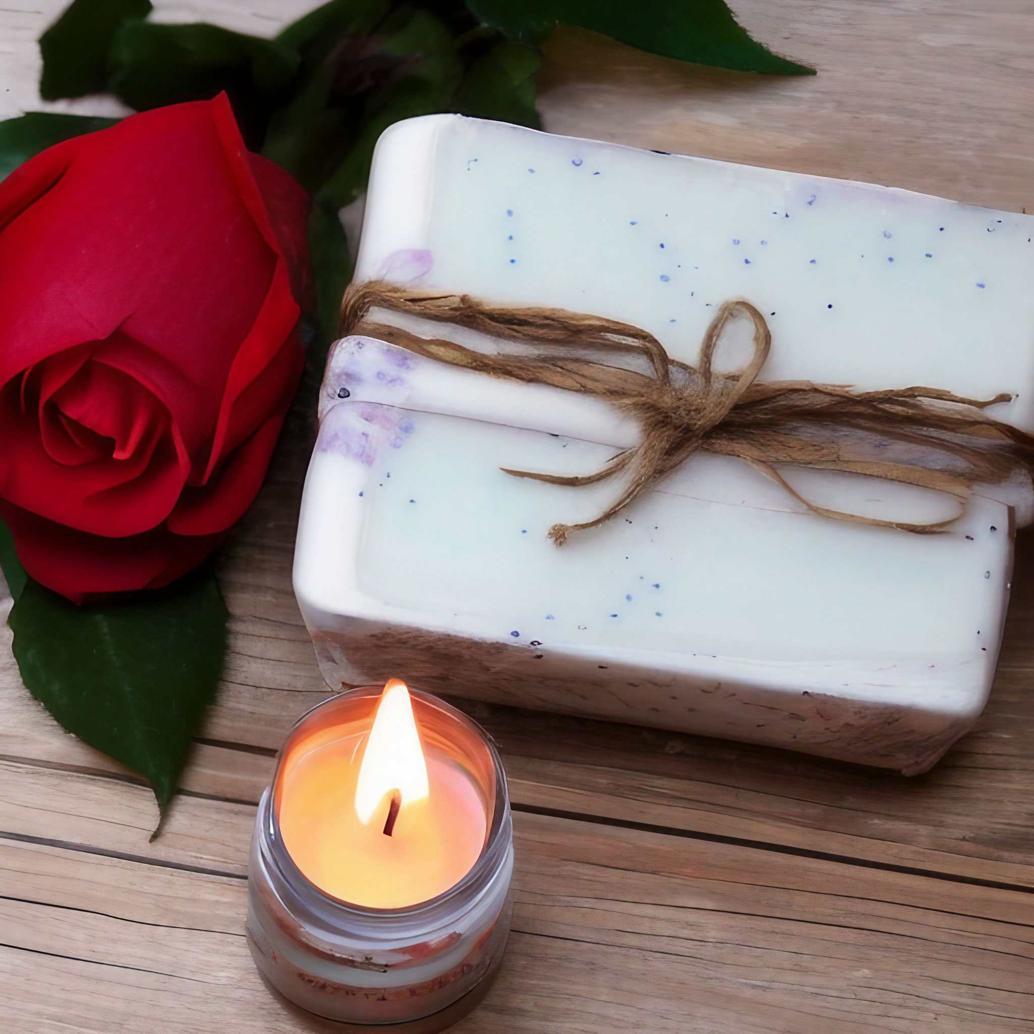 soap bar with lit candle and rose on wooden table