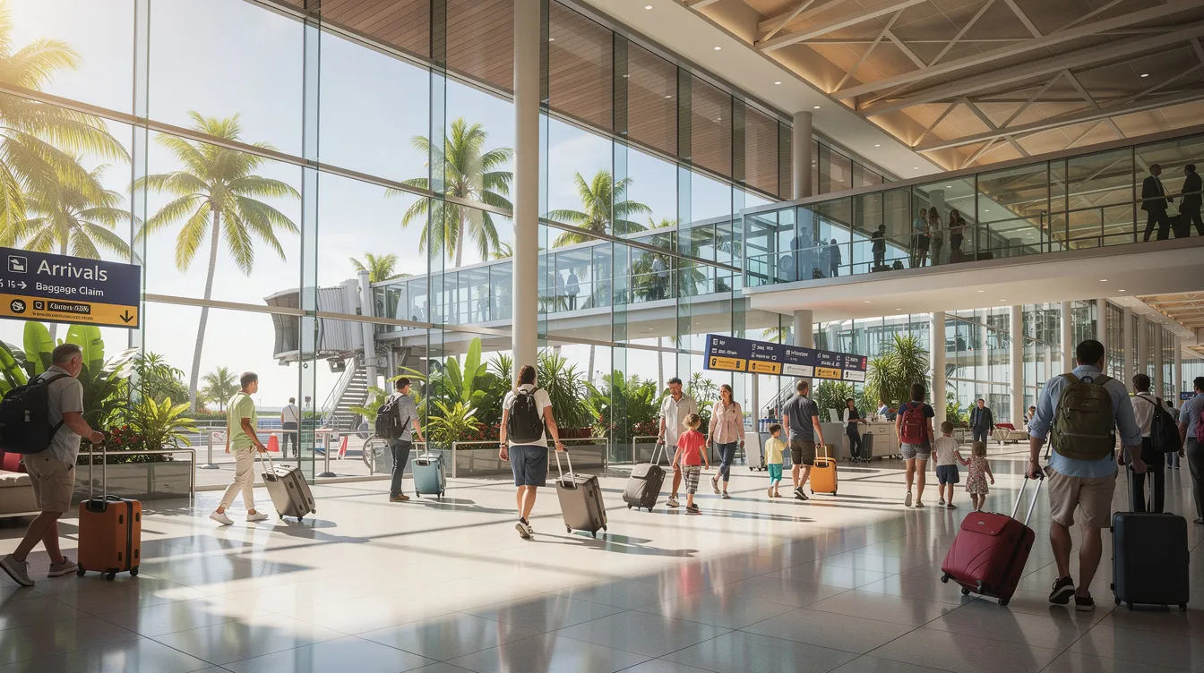 The image depicts a bustling tropical airport arrivals hall filled with travellers navigating through glass corridors, showcasing a vibrant atmosphere as visitors arrive in Thailand. The scene reflects the excitement and movement of tourists and non-Thai nationals entering the country, possibly for leisure or business purposes, highlighting the importance of visa requirements and documentation for a smooth entry.