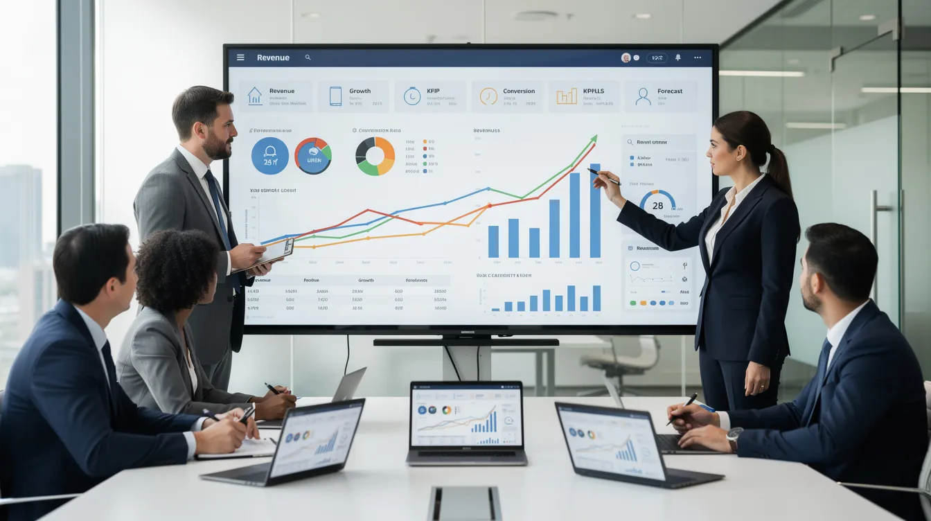 A group of business professionals is gathered around a large monitor, intently reviewing data dashboards and charts that display key performance metrics. This scene highlights the importance of data analysis in developing effective podcast marketing strategies to grow the podcast audience and promote new episodes.