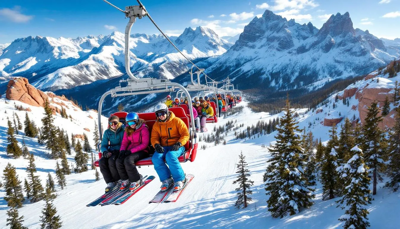 The image shows the Giant Steps chairlift at Brian Head Resort, carrying skiers up the snow-covered mountain slopes, with stunning views of the surrounding mountains in southern Utah. The scene captures the excitement of winter sports, highlighting the snowy landscape perfect for skiing and snowboarding.