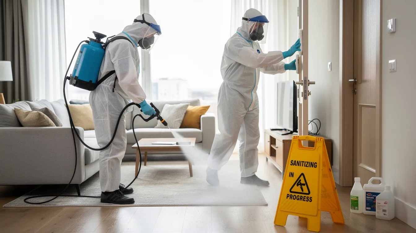 The image shows professional technicians in protective equipment carefully sanitizing an indoor residential space, ensuring the thorough cleanup of any potential health hazards. These trained professionals are engaged in a specialized cleanup process to address the aftermath of an unattended death, focusing on the proper removal of harmful pathogens and associated odors.