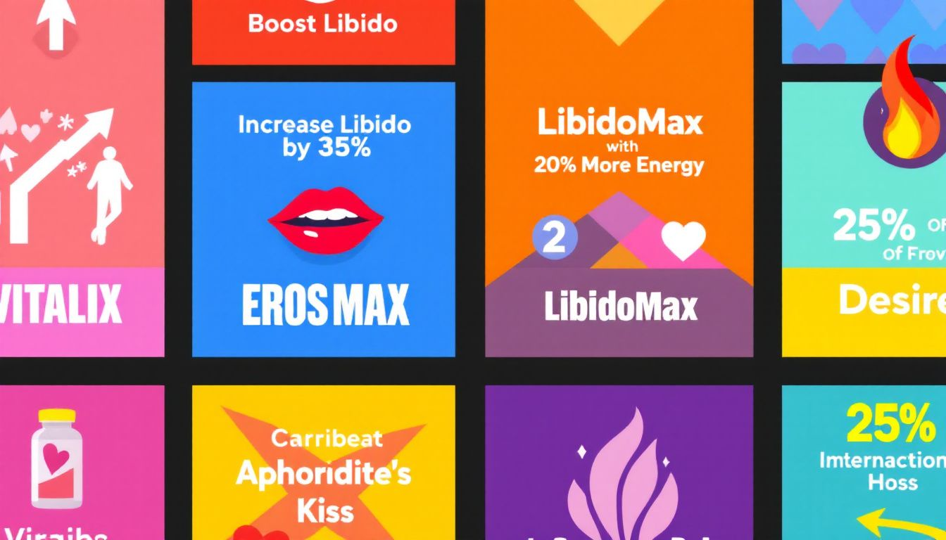 An array of natural supplements labeled for libido enhancement.