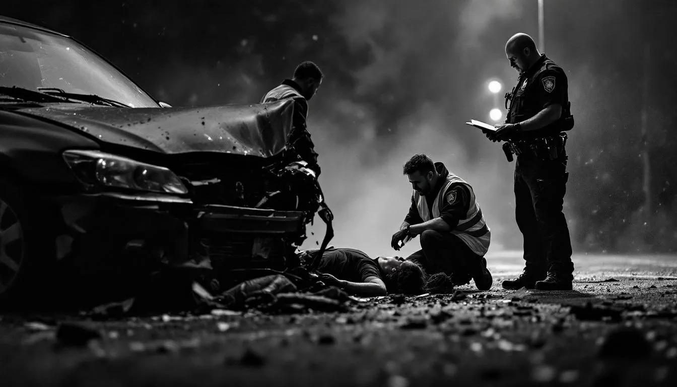 A blurred view of a car accident scene with emergency responders, representing personal injury law.