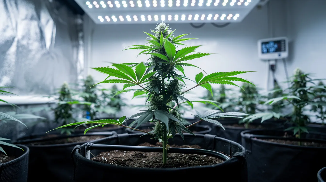 In einem kontrollierten Innenraum wächst eine gesunde Cannabispflanze unter spezialisierten Lichtquellen. Die Pflanzen zeigen kräftige Blätter und Blüten, die reich an Inhaltsstoffen wie THC und CBD sind, und sind Teil eines bioengineering Prozesses zur Produktion von Cannabinoiden.