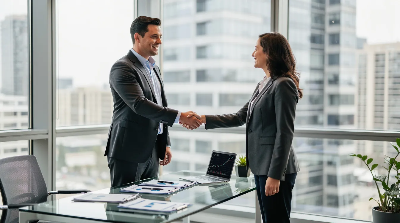 The image depicts a professional financial advisor and a client shaking hands in a modern office, symbolizing their partnership in navigating retirement assets and tax strategies. This interaction highlights the importance of tax professionals in managing ordinary income tax rates and maximizing tax savings through strategies like net unrealized appreciation (NUA) for employer stock.