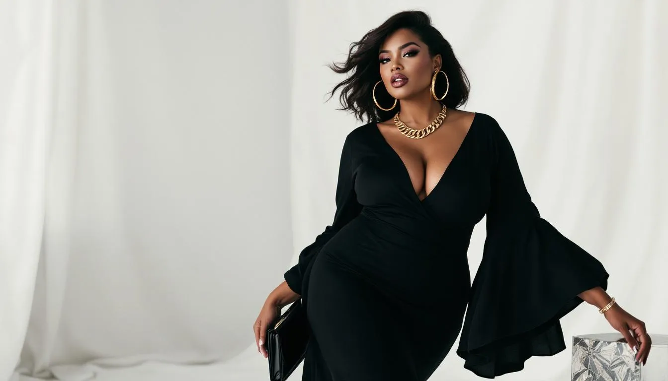 A stylish plus size black dress accessorized with chic accessories.