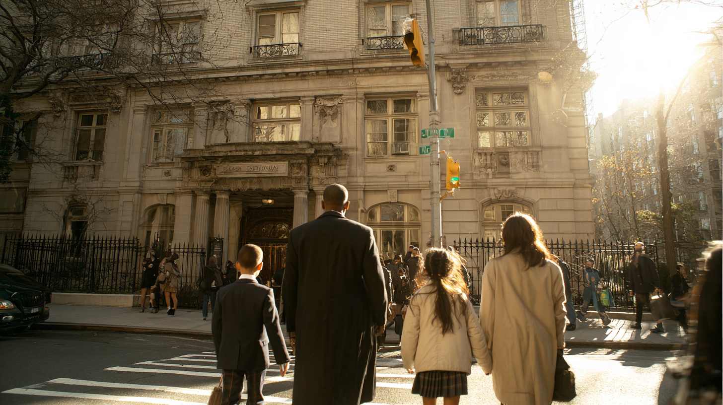 Parents arriving with children at a private school entrance on a Manhattan side street in the morning
