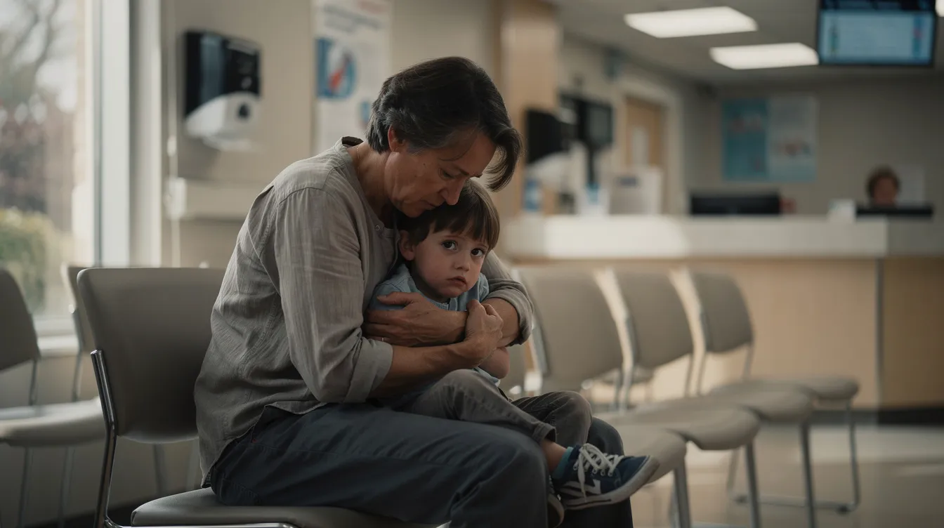 The image depicts a parent gently comforting their child in a hospital waiting room, conveying a sense of care and support during a difficult time. This moment highlights the emotional challenges families face, particularly in personal injury cases where medical treatment and legal processes are involved.