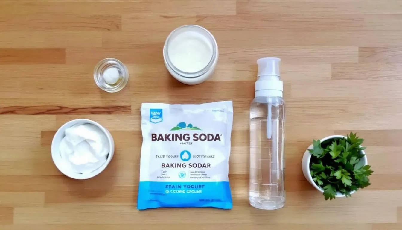The image shows a variety of safe ingredients for homemade dog toothpaste, including baking soda, coconut oil, and olive oil, neatly arranged on a kitchen counter. These natural ingredients are essential for maintaining a dog
