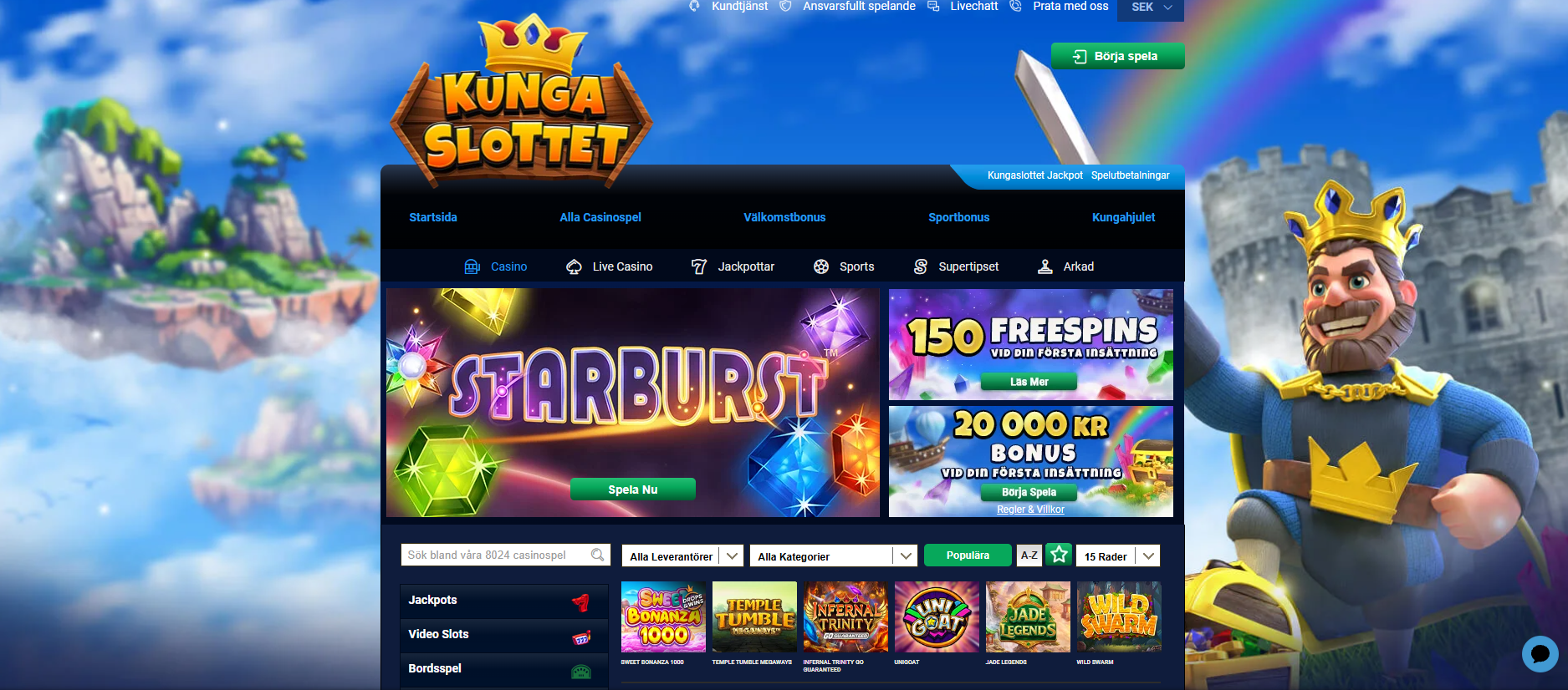 Spelutbudet hos Kungaslottet Casino med 8 024 casinospel och kategorier för bland annat slots, bordsspel och live casino.