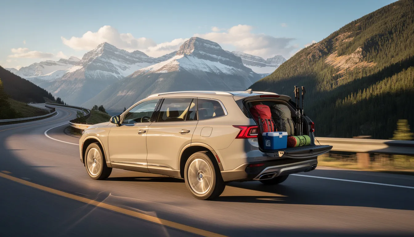 A midsize SUV is parked on a scenic mountain highway, showcasing outdoor gear through its windows, suggesting it's ready for family trips or outdoor adventures. With spacious interiors and more cargo space, this rental vehicle is ideal for travelers seeking comfort and utility during their road trips.