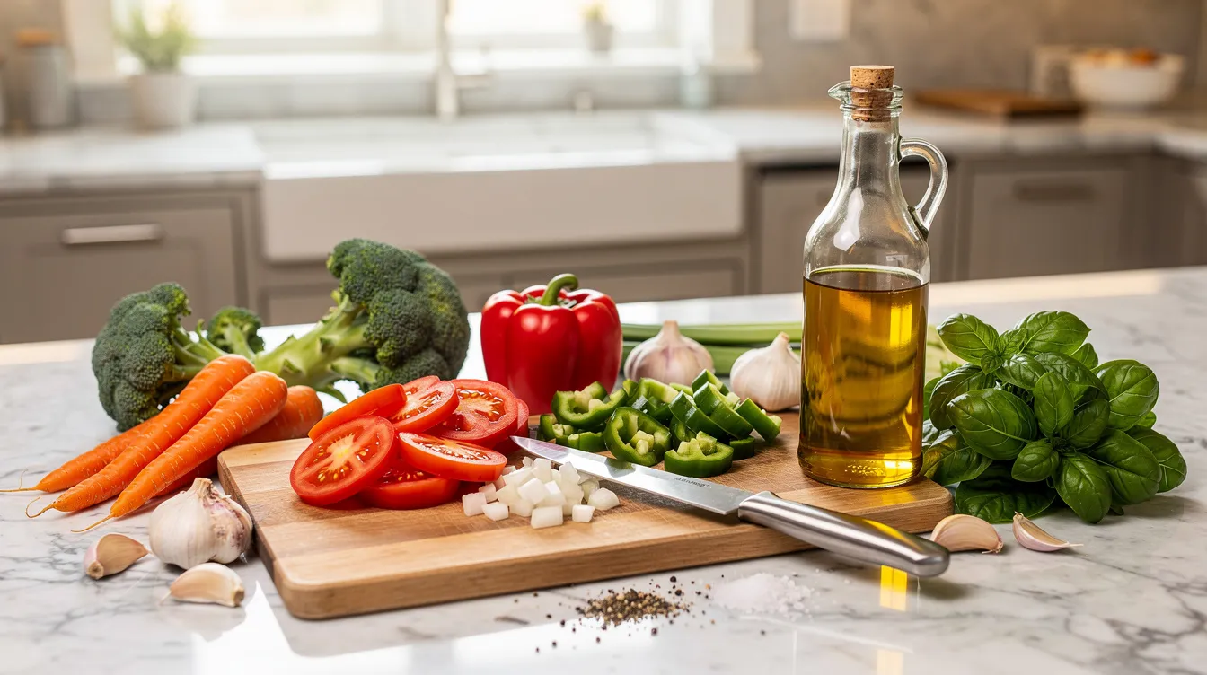 The image depicts a kitchen counter adorned with an array of fresh vegetables, a bottle of extra virgin olive oil, and various cooking preparations, highlighting elements of a Mediterranean diet that promotes healthy longevity. This vibrant scene emphasizes the importance of plant-based foods and healthy fats in achieving a balanced diet for weight loss and overall health.