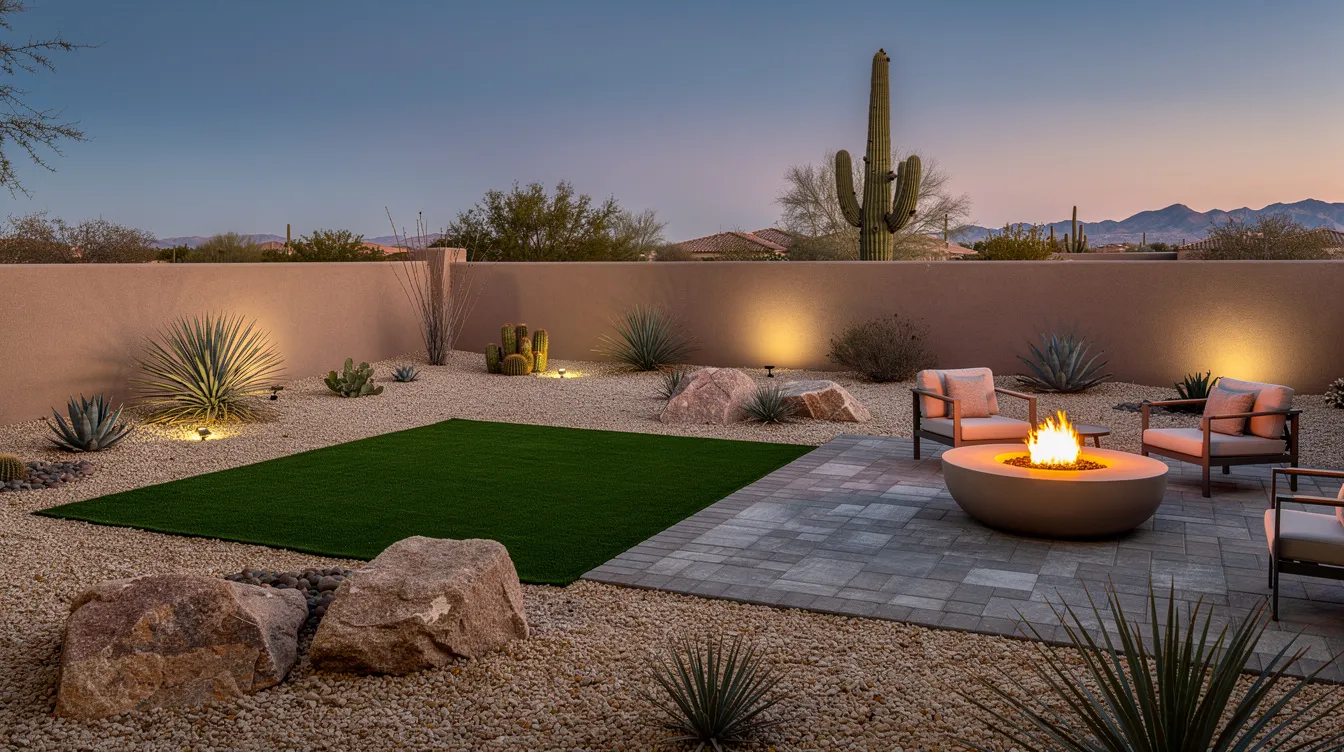 The image depicts a modern Arizona backyard featuring a small green turf area, ideal for a winter lawn, adjacent to a stylish paver patio with a cozy fire pit surrounded by desert landscaping. The vibrant green turf contrasts beautifully with the arid surroundings, showcasing an inviting space for relaxation and outdoor gatherings.