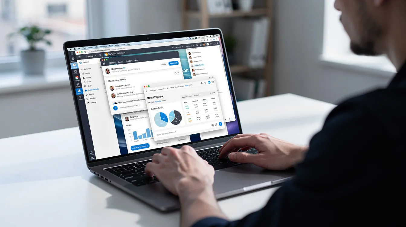 The image depicts a person focused on their laptop, surrounded by multiple browser windows and applications, indicating a busy work environment. This scene reflects the complexities of managing AI systems and the importance of effective risk management strategies in today's digital landscape.