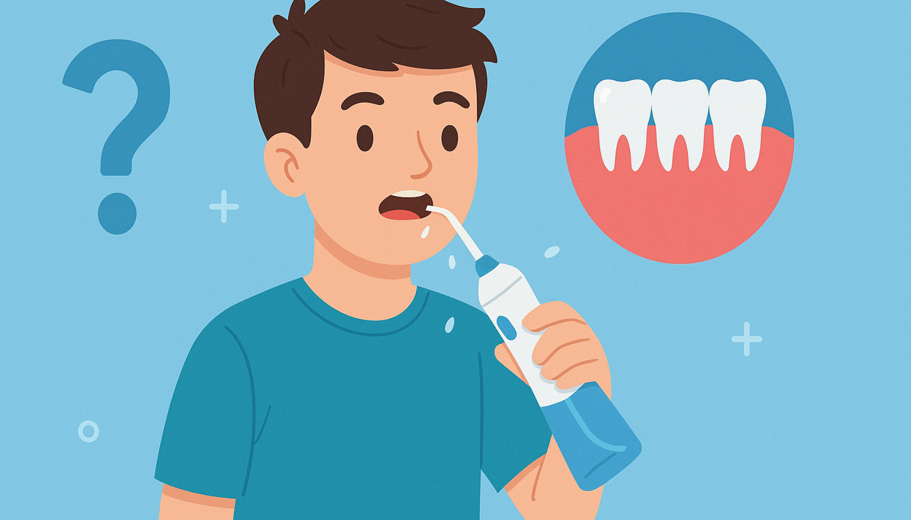 Person bruker vannflosser for å rense mellom tennene.