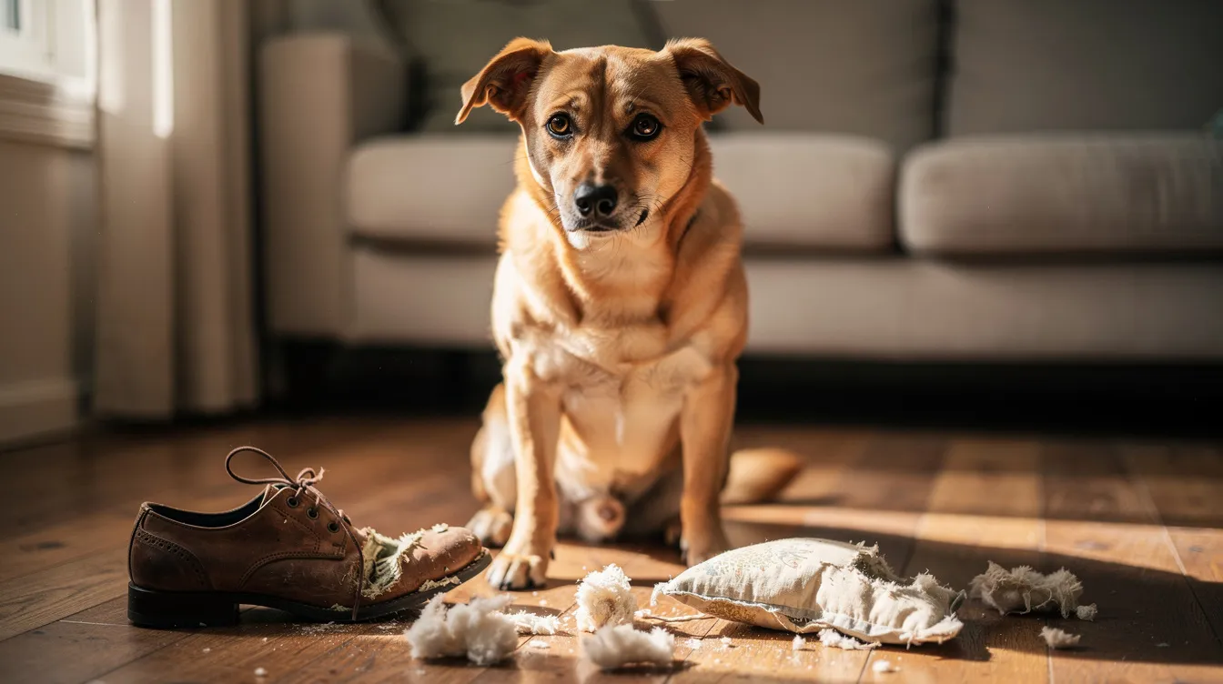 The image depicts a dog with a lowered head and sad facial expressions, sitting on a kitchen floor surrounded by a mess of destroyed items. This scene captures the dog's body language and emotional state, often associated with feelings of guilt or remorse after exhibiting unwanted behavior.