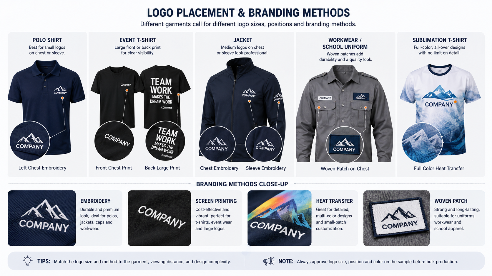 Uniform logo placement and branding methods including embroidery, screen printing, heat transfer, and woven patches