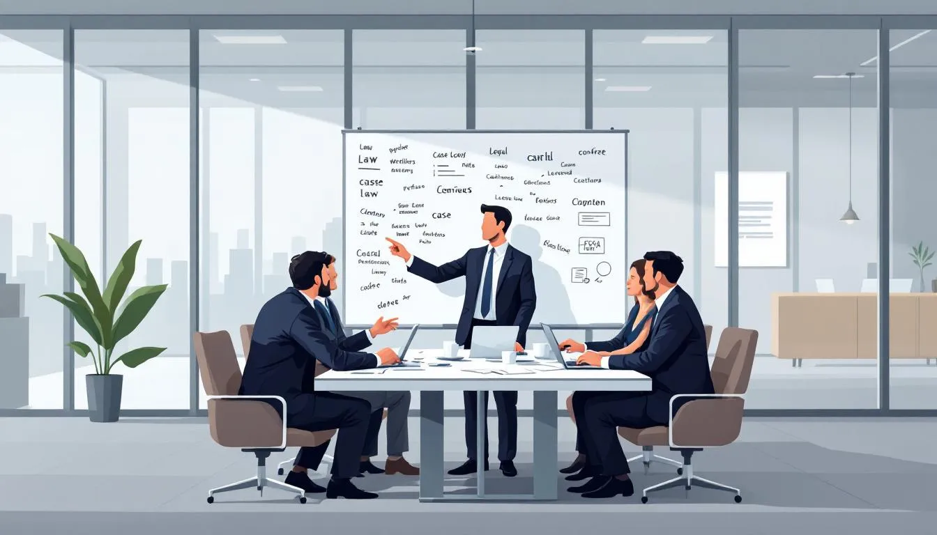 A team of attorneys discussing case strategies in a law office.