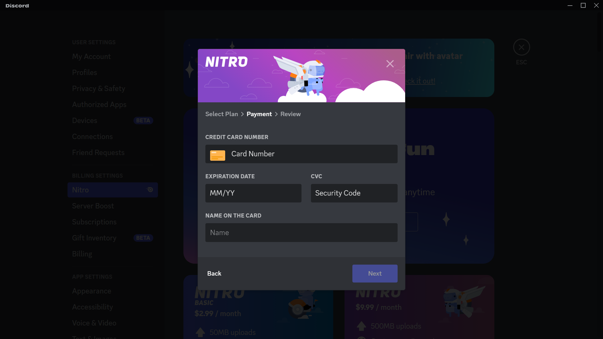 Screenshot for inputting card details for Nitro subscription