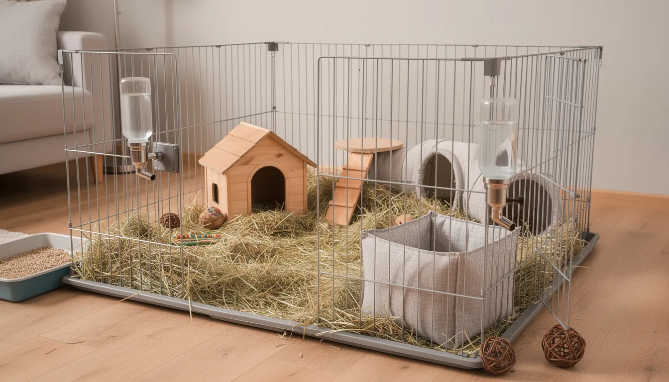 The image depicts a well-kept indoor rabbit enclosure featuring soft hay, a water bottle, and cozy hiding spaces, providing a safe environment for therapy rabbits. This setup is ideal for emotional support and interaction, showcasing the calming presence of these gentle animals in care centers or nursing homes.