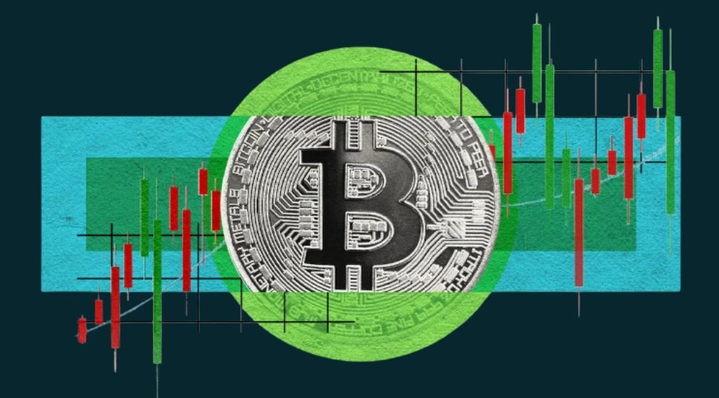 Illustration of Bitcoin logo with trading graph candles