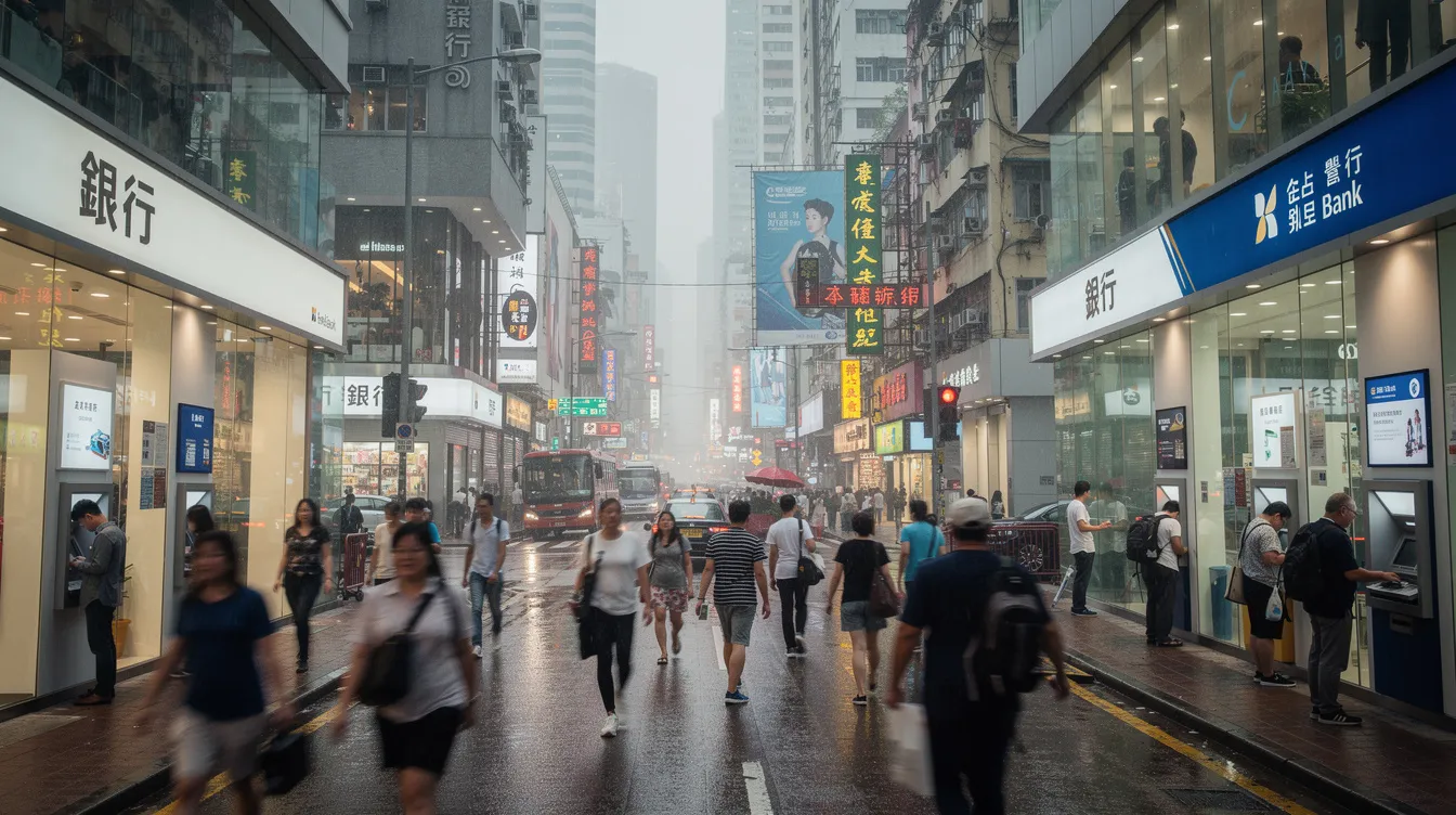 The image depicts a bustling street in Hong Kong filled with pedestrians hurrying past various bank branches and ATM machines, highlighting the city's vibrant financial activity. Nearby, signs for private loans and small loan products can be seen, reflecting the urgency of financial transactions in this busy urban environment.