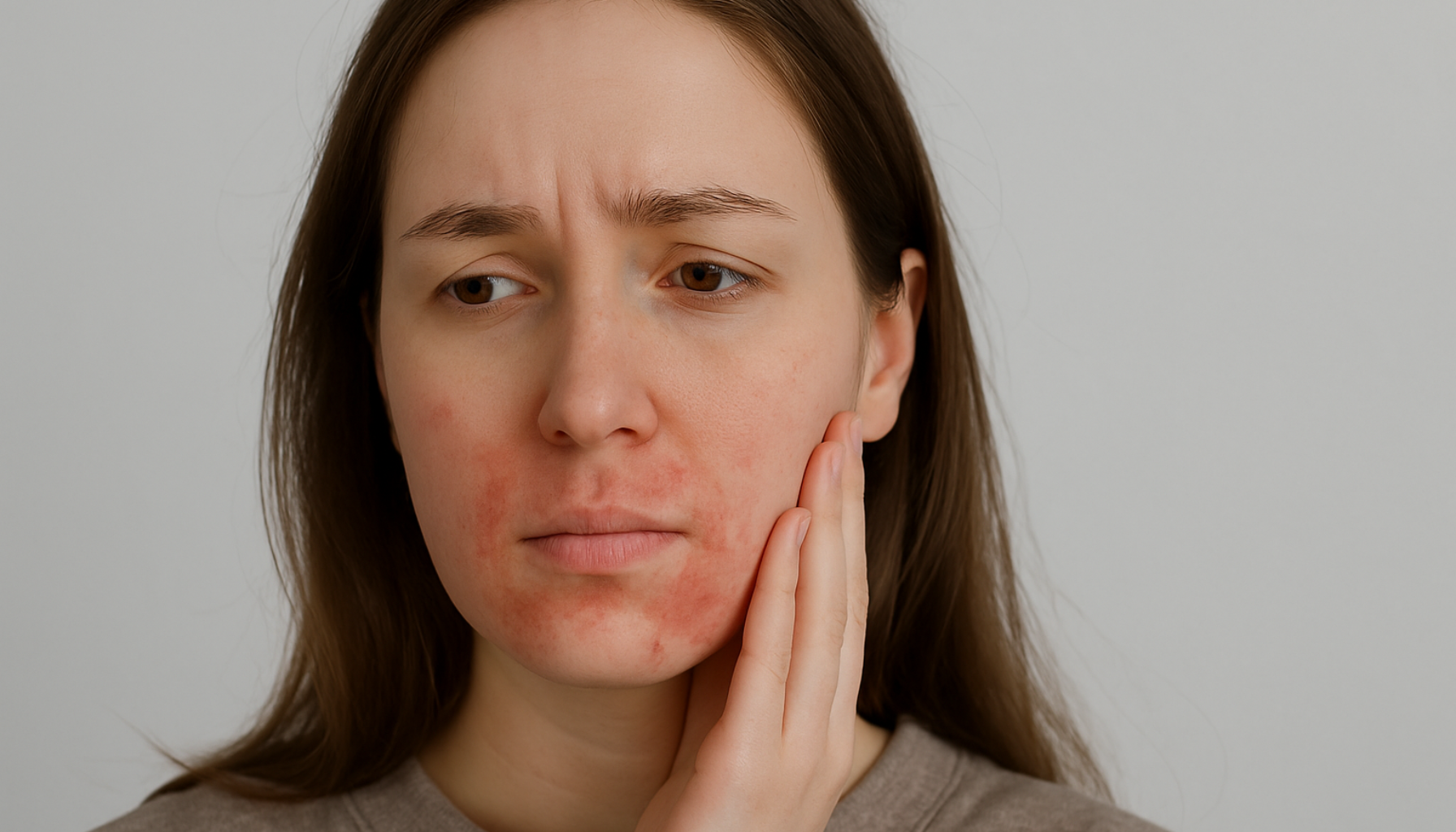 Kvinne med rødlig utslett rundt munnen ser bekymret ut og holder hånden mot kinnet foran en nøytral bakgrunn.