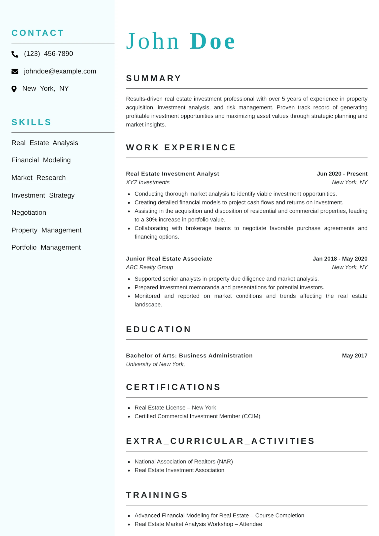 A professional two-column resume for “John Doe” with a teal-and-white theme. The left sidebar includes contact details and a skills list. The main right section presents a summary, detailed work experience, education, certifications, extracurricular activities, and trainings. Clean headings and bullet points create an organized, modern layout.