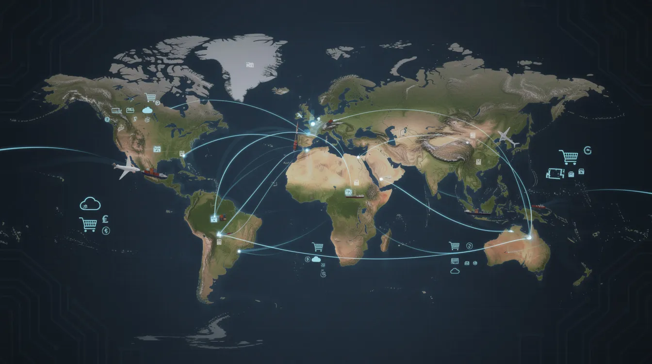 The image depicts a world map highlighting interconnected shipping routes alongside various digital commerce symbols, illustrating the growth of global e-commerce and international sales. It emphasizes the concept of global expansion and the customer journey, showcasing how businesses can better serve international shoppers across different markets.