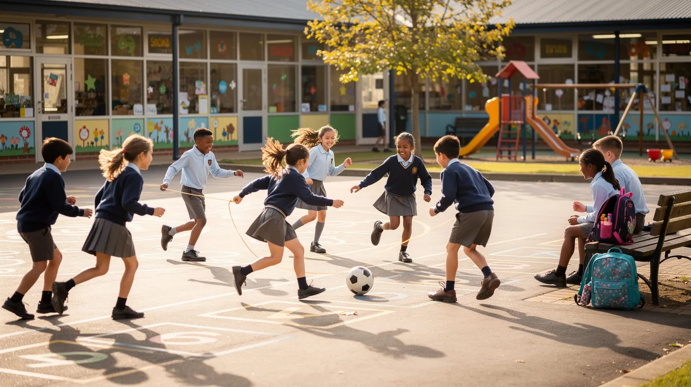 A group of younger children in colorful primary school uniforms are joyfully playing together during recess in a school courtyard, fostering their social skills and building new friendships as they navigate the exciting challenges of the new school year. The lively atmosphere reflects their independence and the fun of group activities in a supportive school environment.