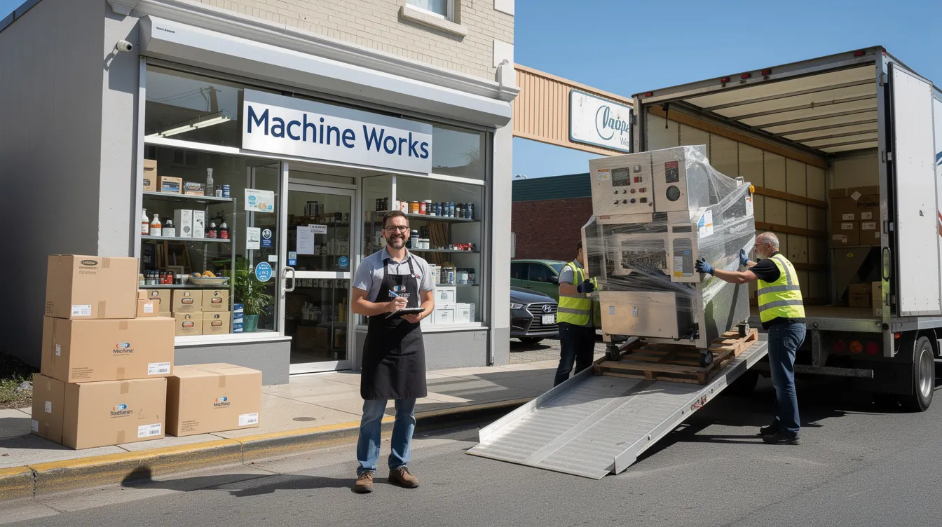 d711f346 ff04 47ae 907f 79125000c867 A small business owner stands outside their shop, smiling as machinery is being delivered, symbolizing growth and financial support for micro enterprises. This scene reflects the impact of the Pradhan Mantri Mudra Yojana, which provides collateral-free loans to entrepreneurs, facilitating their business plans and enhancing cash flow.