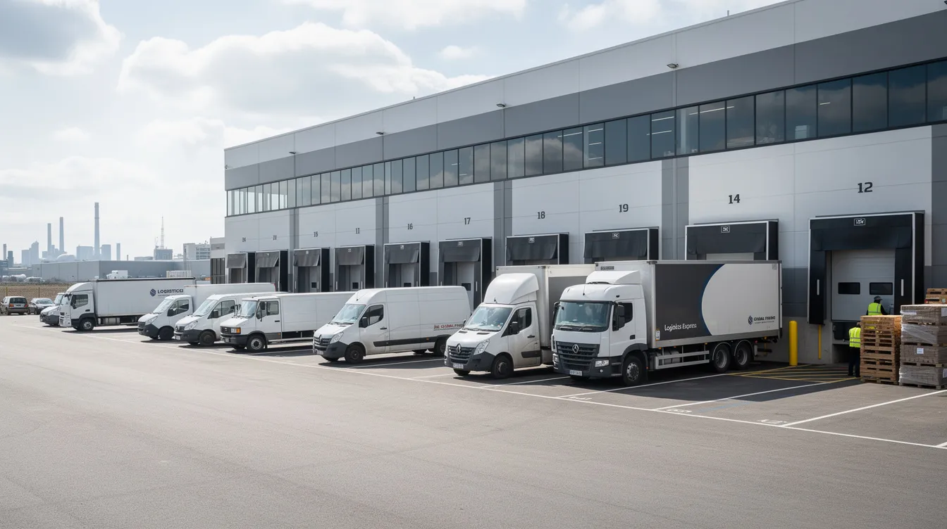 d71264a3 f483 4628 a5cb 7d45f3da5c76 The image depicts a modern warehouse facility with several delivery vehicles lined up outside, indicating a bustling environment ideal for small businesses and profitable ventures. This scene reflects the growing demand for efficient logistics and distribution, essential for successful entrepreneurs in major cities like Hyderabad.