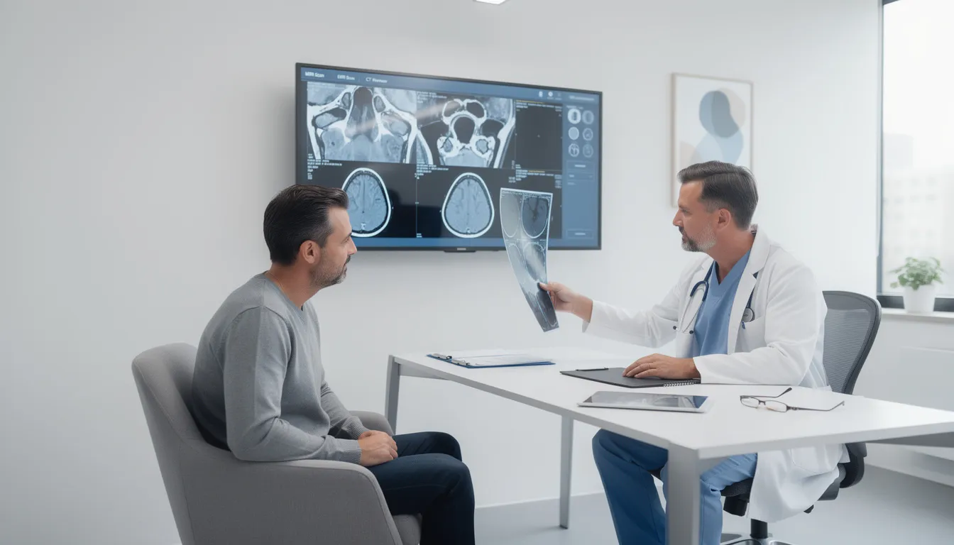 The image shows a patient and a surgeon engaged in a discussion while reviewing medical scans in a modern consultation room, focusing on the patient's lung cancer diagnosis and treatment options. This collaborative setting emphasizes the importance of informed decisions and the potential for a second opinion appointment to explore alternative treatment approaches.