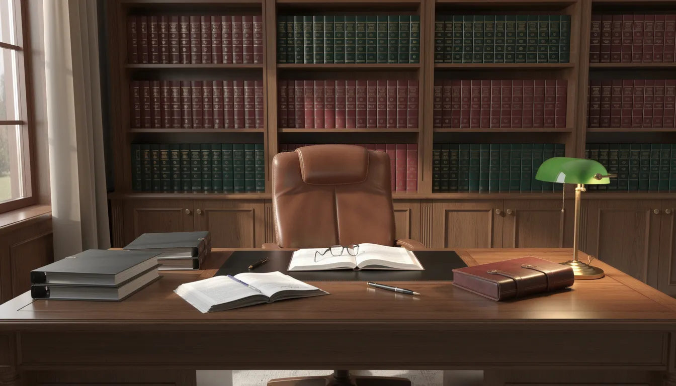The image depicts a professional legal office featuring a desk cluttered with legal documents and law books, symbolizing the intricate legal processes involved in wrongful death lawsuits. This setting highlights the importance of experienced wrongful death attorneys in managing cases related to the emotional and financial toll on surviving family members.