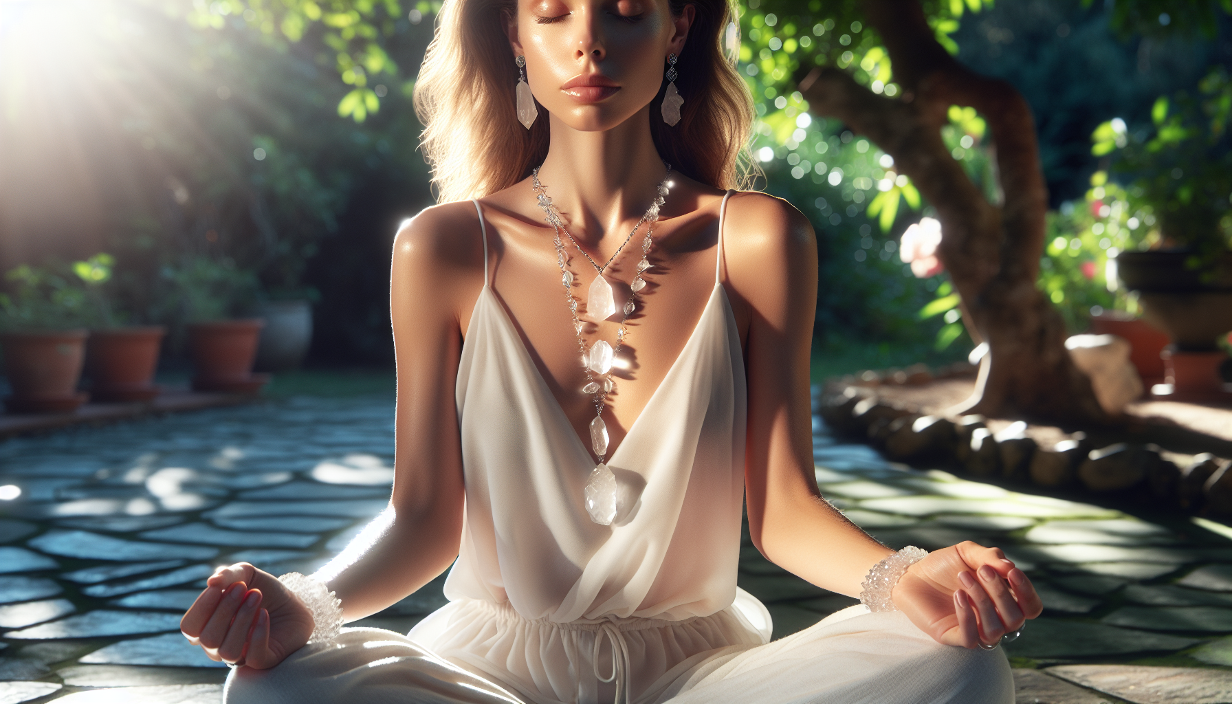 Person meditating with clear quartz jewelry