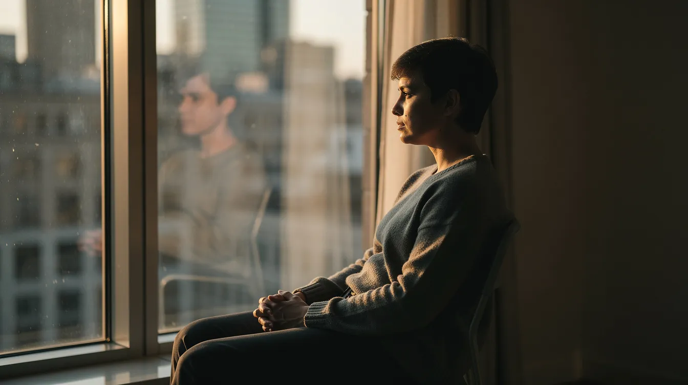 A person sits alone near a window, looking contemplative and lost in thought, possibly reflecting on their self-worth and emotional well-being in the context of a toxic relationship. The image evokes feelings of loneliness and the challenges of navigating narcissistic behavior and emotional manipulation in romantic relationships.
