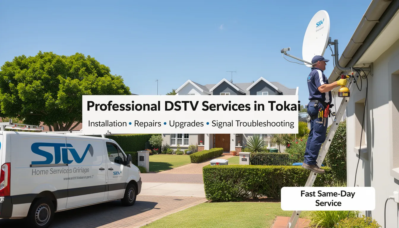 The image showcases professional DSTV installation services in Tokai, featuring experienced technicians working on a satellite dish setup and ensuring optimal signal quality for a home. The scene reflects a commitment to reliable DSTV installations, including upgrades and repairs, catering to the needs of residents in the area.