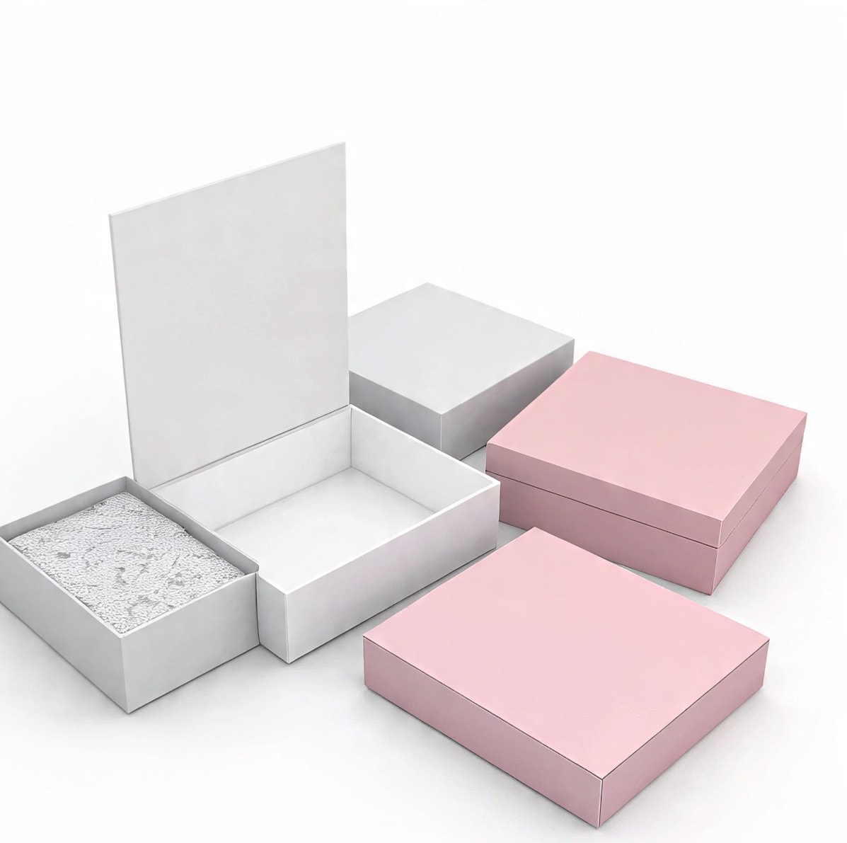 An image of five packaging boxes, one with a unique design on the cover while the other four are plain.