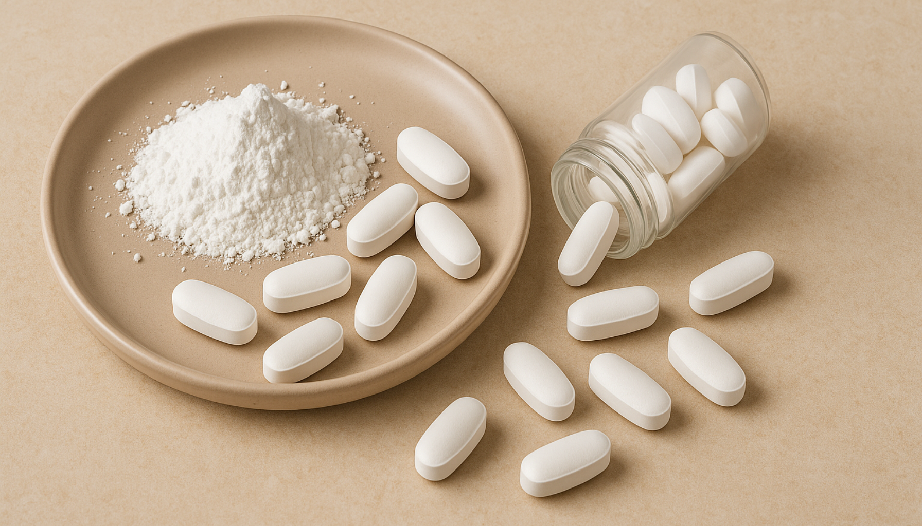 Kalsiumkarbonatpulver og tabletter ligger på en tallerken og bord, med glassflaske som symboliserer kosttilskudd og helse. kalsiumkarbonat kalk caco3 brukes caco naturlig andre hjelpe