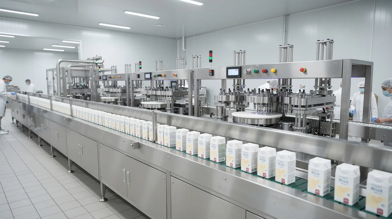 The image depicts a clean and modern UHT milk processing plant featuring a dairy filling line equipped with aseptic carton packaging machinery and stainless steel conveyor belts. This efficient setup is designed for the production of long life dairy products, ensuring food safety and extended shelf life through advanced heat treatment and aseptic filling processes.