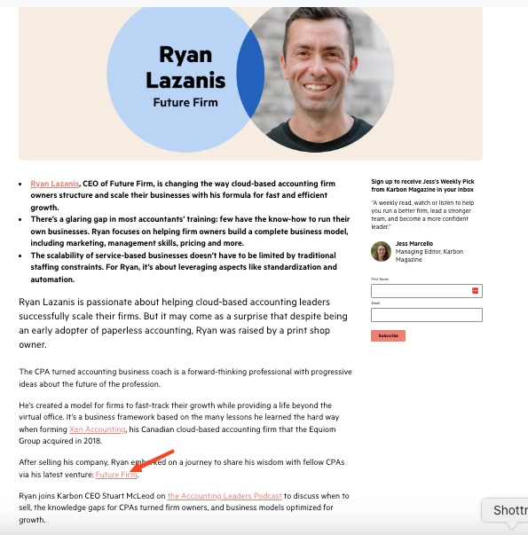 A screenshot of one of Karbon's blog post that features a backlink to Future Firm site