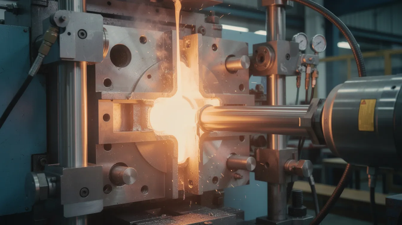 The image shows a close-up view of a high pressure die casting machine, where molten aluminum is being injected into a steel mold, highlighting the precision die casting process essential for producing high-quality aluminum die cast components. This setup is crucial in the die casting industry for creating complex geometries with tight tolerances.
