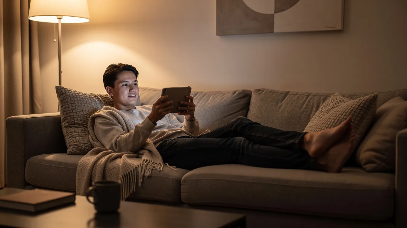 Eine Person entspannt auf einem Sofa und nutzt ein tragbares elektronisches Gerät, während sie möglicherweise einen Storz & Bickel Venty Vaporizer für ihre Solo-Sessions verwendet. Der Raum strahlt eine gemütliche Atmosphäre aus, ideal für den Alltag und die Nutzung innovativer Produkte.