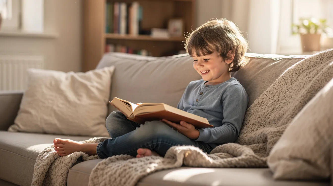 A child is smiling while independently reading a chapter book on a cozy sofa, showcasing their confidence and developing literacy skills. This moment highlights the importance of reading comprehension and phonological awareness in a supportive learning environment.