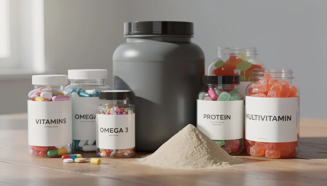 The image showcases a variety of supplement containers, including pills, protein powder, and creatine gummies, neatly arranged on a table. This assortment highlights different dietary supplements that individuals may consider taking, especially for those who travel internationally and need to pack creatine and other powders in compliance with TSA regulations.