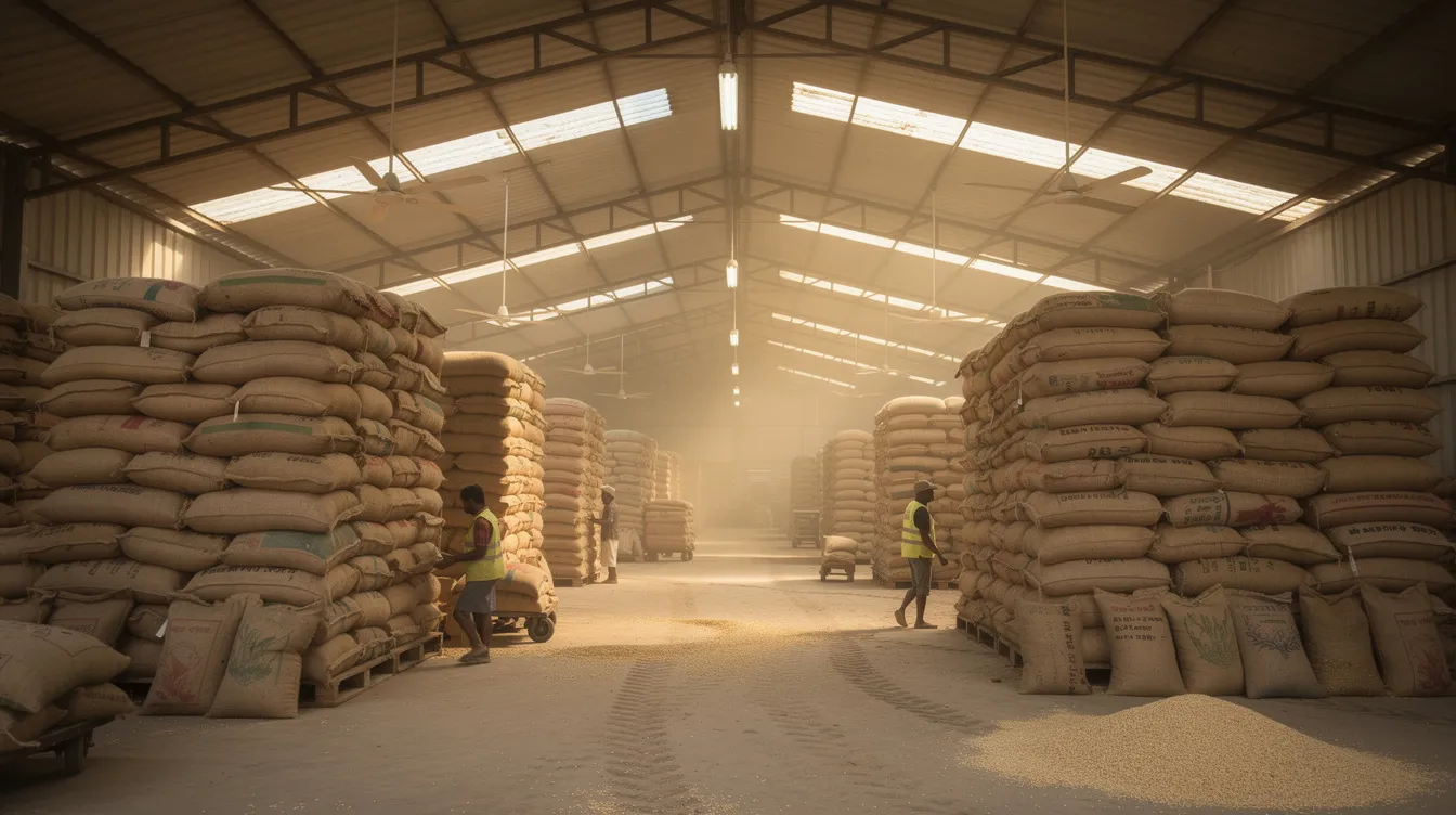 The image depicts a large warehouse within an Indian rice mill, filled with neatly stacked bags of paddy and milled rice, showcasing the scale of raw materials stored for processing. This facility highlights the operational aspects of the rice industry, emphasizing the importance of efficient storage and management in meeting market demand.