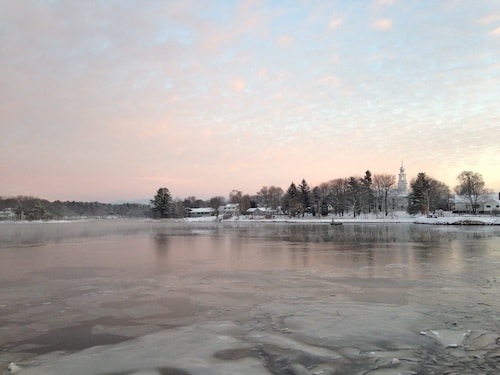 Winter on the Kennebec River, beside one of the many charming small towns in Maine on a winter escape