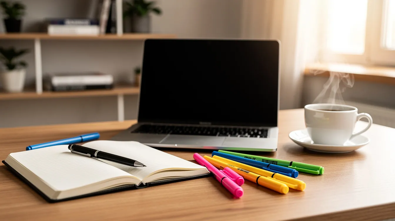 Een laptop staat op een bureau, omringd door een notitieboekje, een koffiekop en kleurrijke markers, wat de creatieve thuiswerkplek van een ondernemer benadrukt. Deze opstelling is ideaal voor brainstormsessies en het ontwikkelen van nieuwe ideeën.
