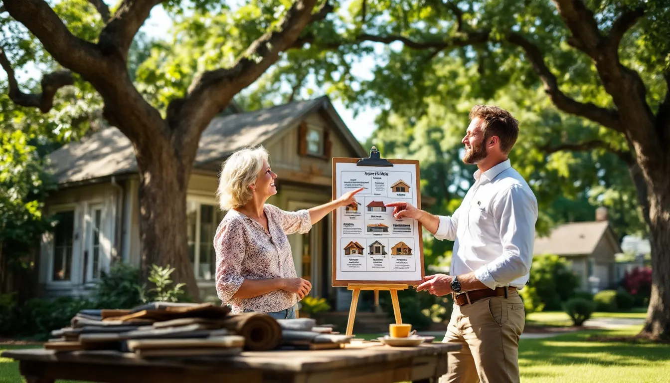 A satisfied homeowner discussing roofing options with a contractor.