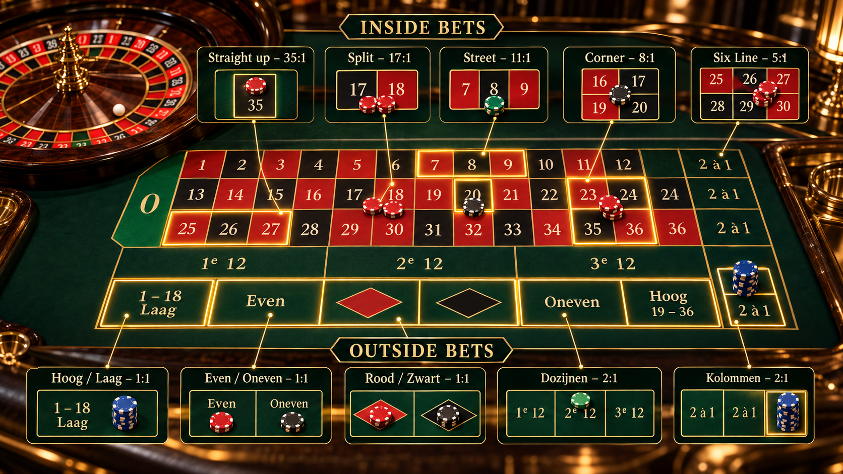 Inside en outside bets bij roulette met voorbeelden van Straight Up, Split, Street, Corner en Six Line.